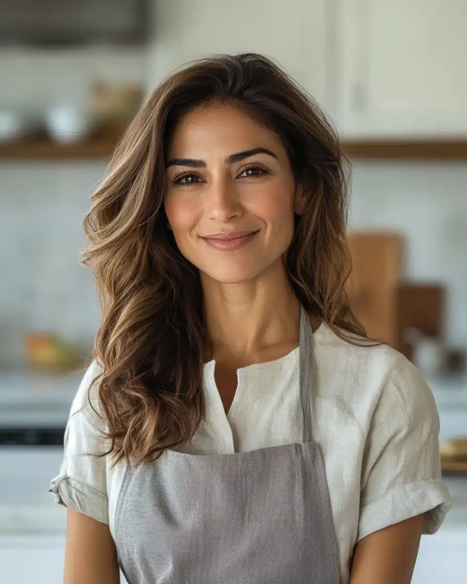 Chef Joudia cooking with love in a bright kitchen, wearing a white apron