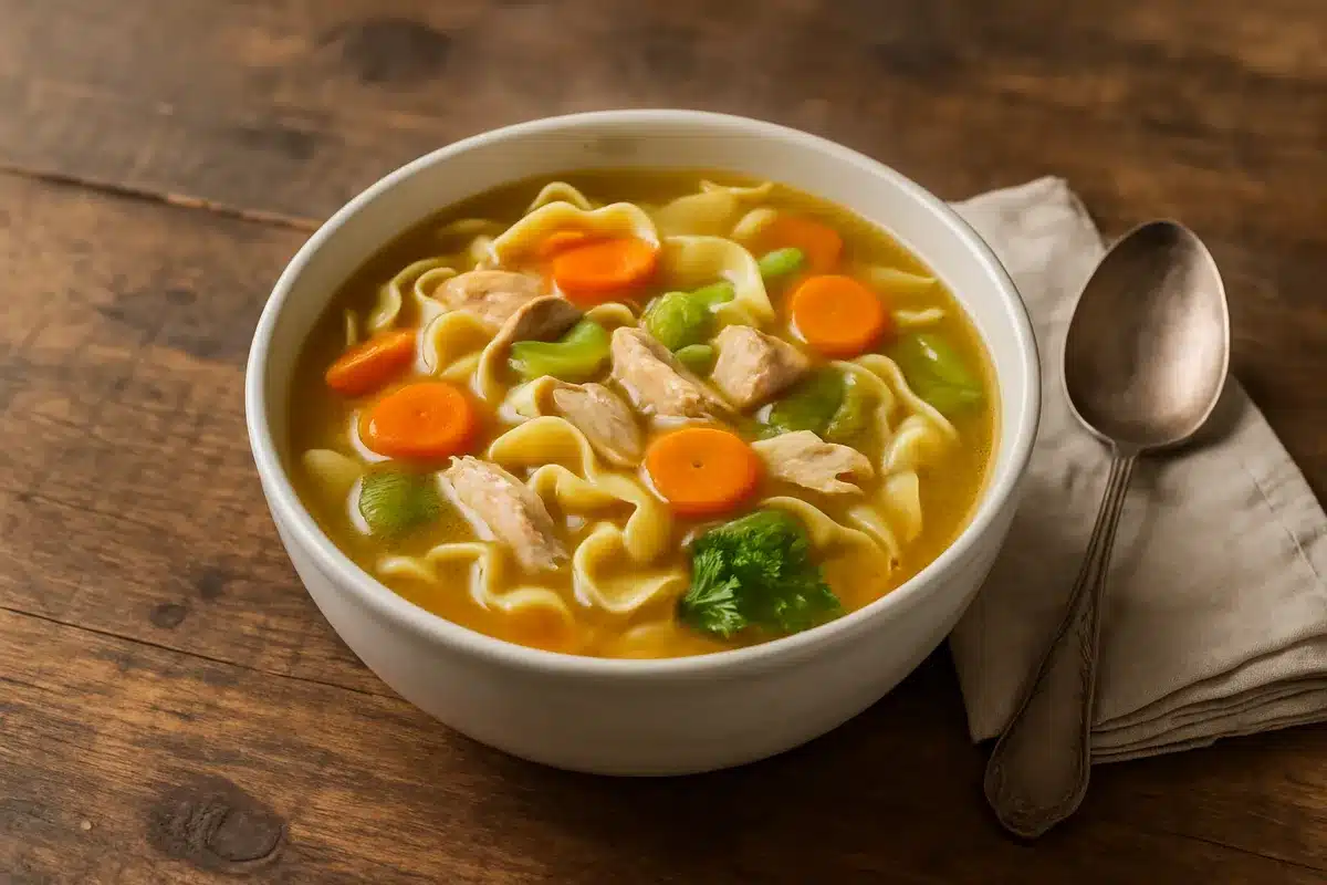 Warm bowl of chicken noodle soup with egg noodles, carrots, and chicken.