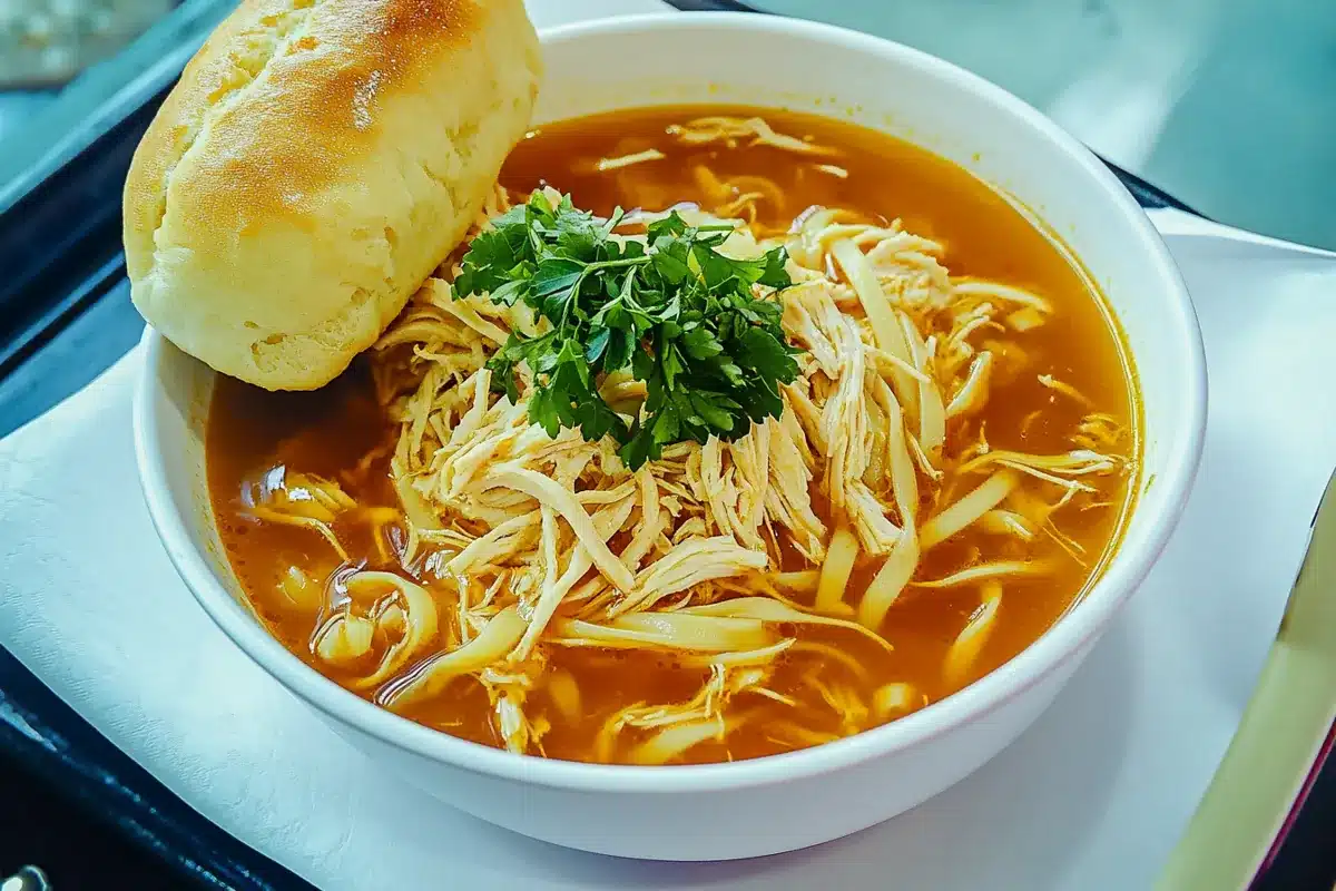 grandma's chicken noodle soup with bread roll, noodles, chicken, and parsley.