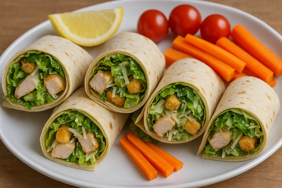Chicken Caesar wrap served with sides like potato wedges and veggie sticks.