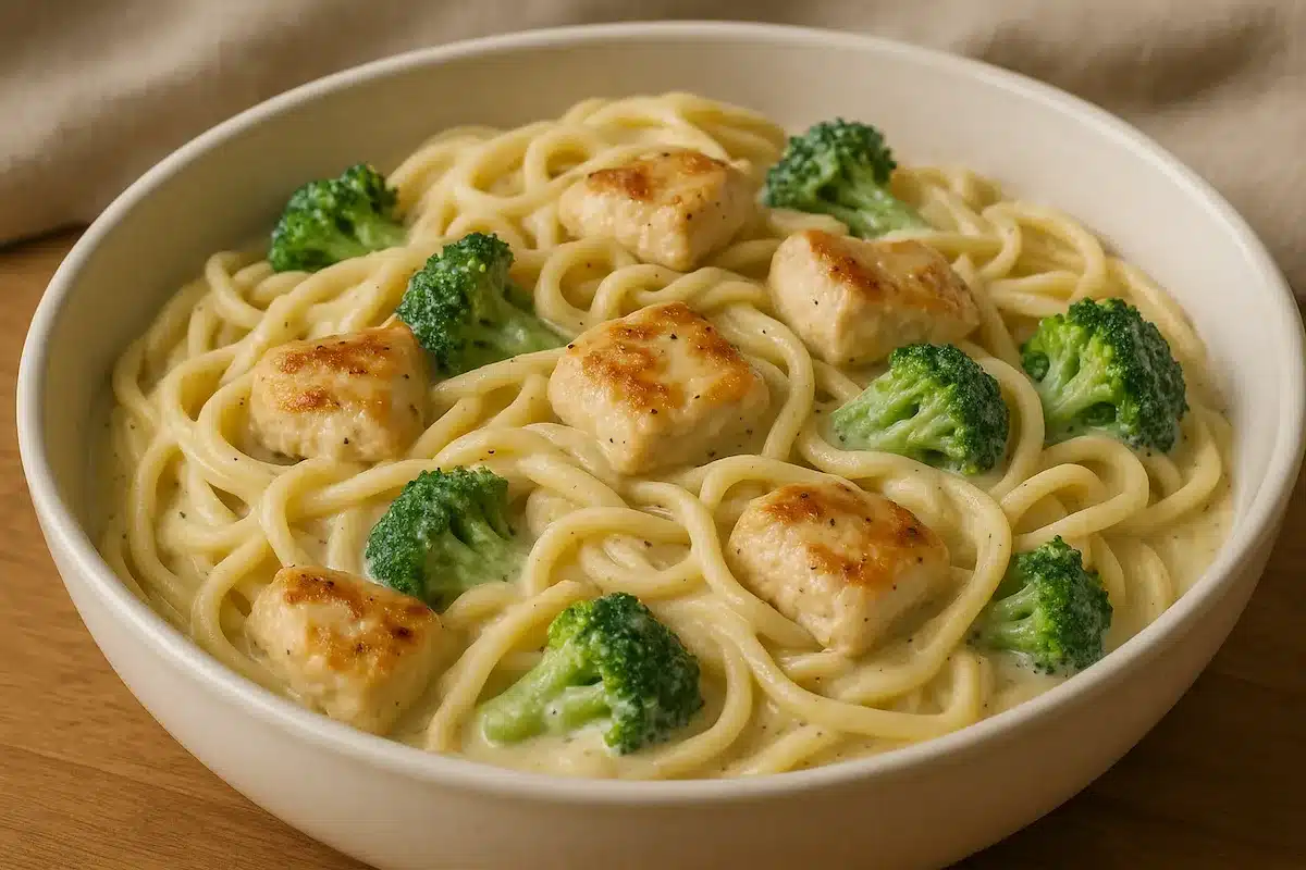 Creamy garlic chicken pasta with broccoli in a white bowl, topped with herbs and sauce.