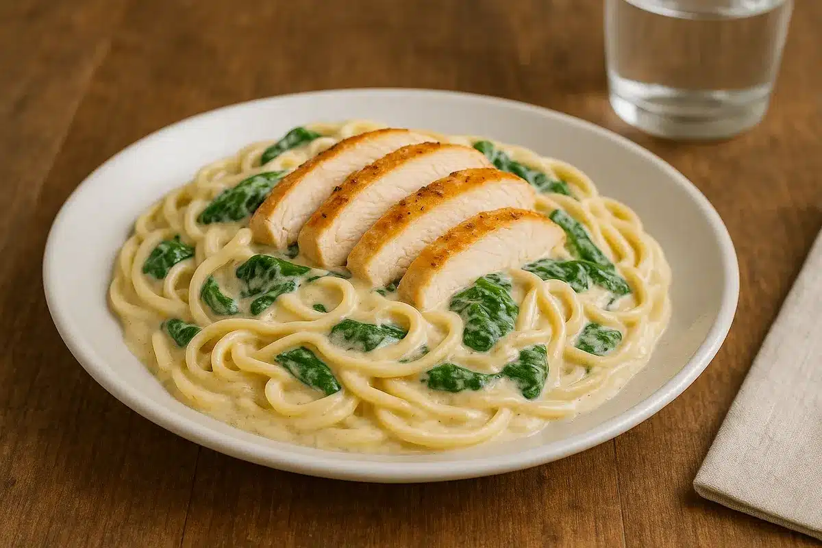 Creamy garlic chicken pasta with spinach on a white plate, topped with golden chicken and fresh spinach, steaming and ready to serve.
