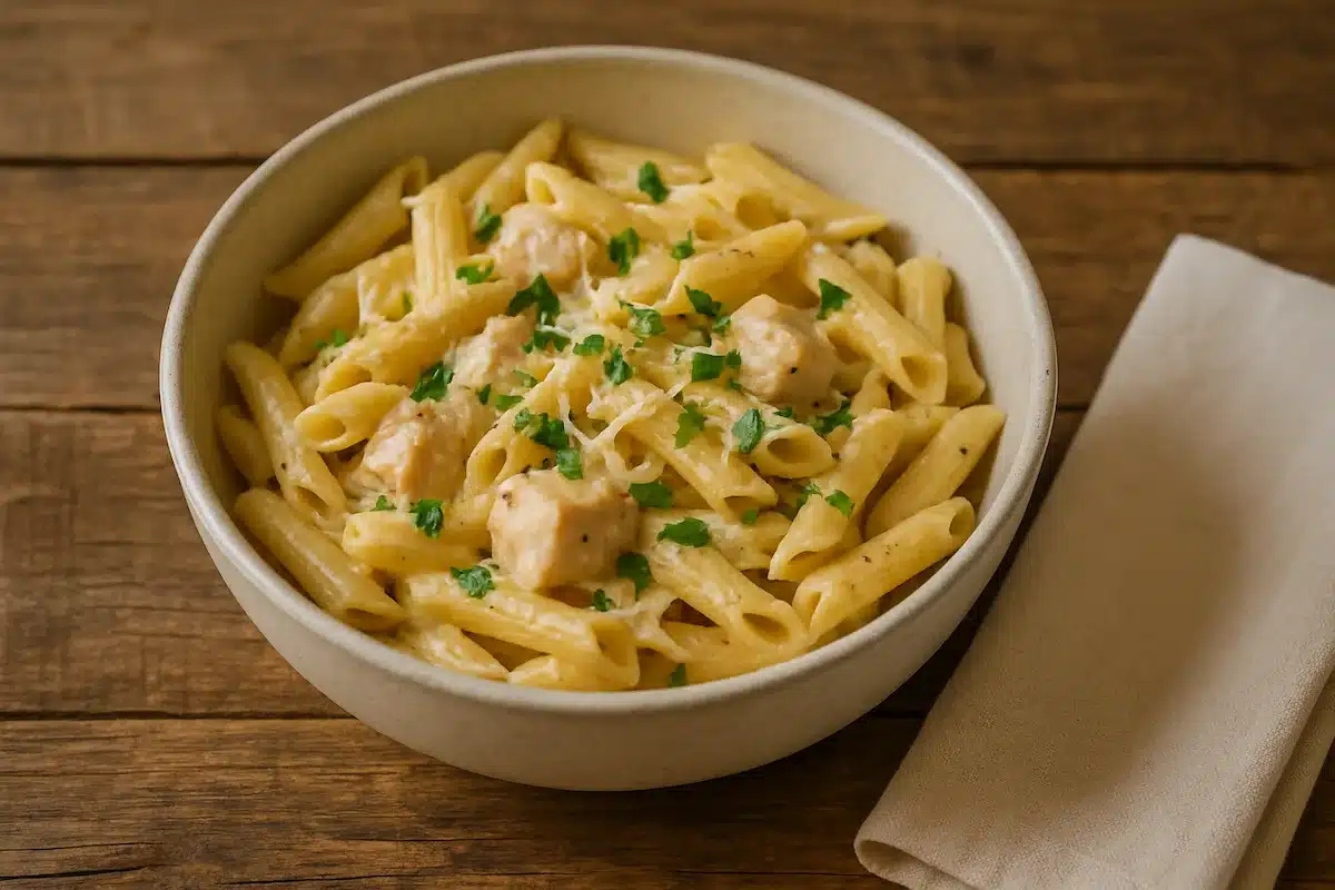 A bowl of one-pot creamy garlic chicken pasta topped with parsley and cheese on a wooden table.