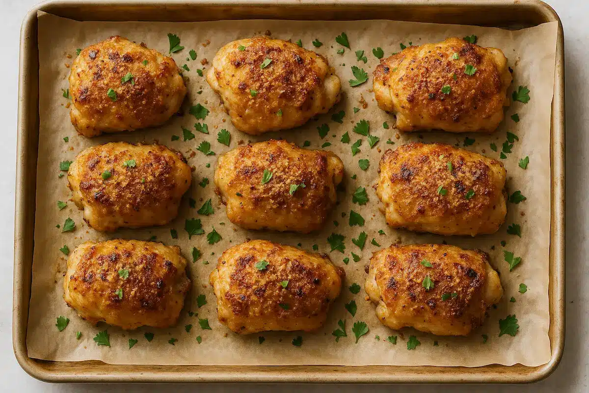 Crispy garlic parmesan chicken thighs on a tray with herbs and golden crust