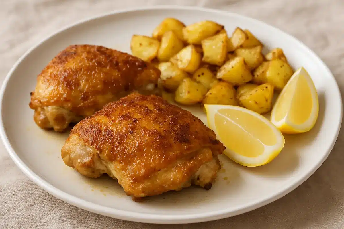 No-breading crispy baked chicken thighs served with potatoes and lemon