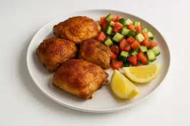 Crispy air-chilled chicken thighs with golden skin served with salad and lemon