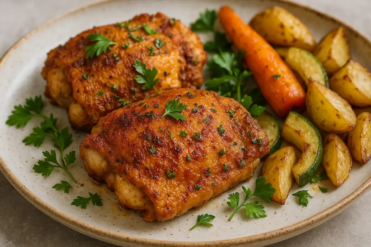 Crispy paprika and herb chicken thighs on a plate with roasted vegetables