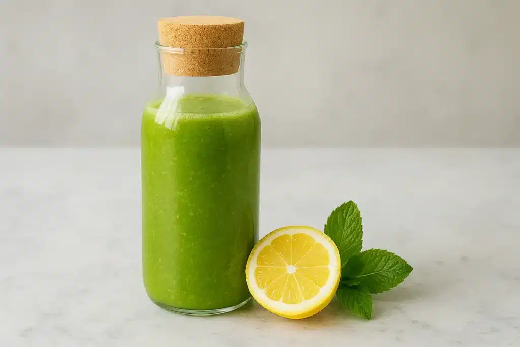 Detox_Drink_in_Glass_Storage_Bottle Green Brazilian Mounjaro Detox Drink stored in a chilled glass bottle