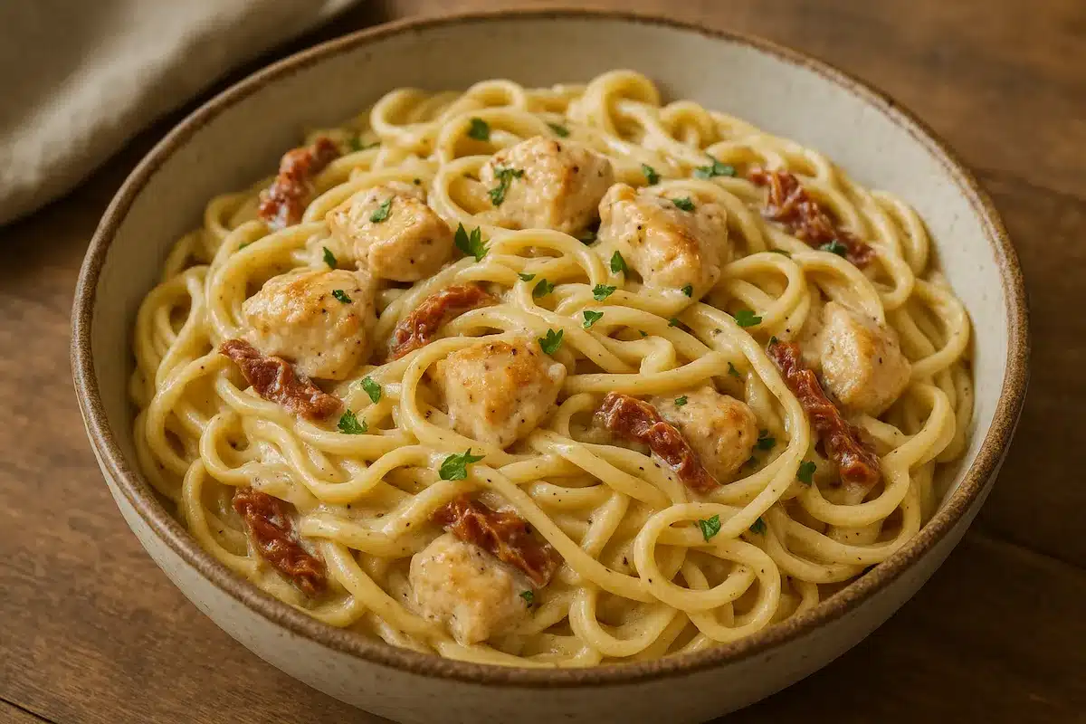 Creamy garlic chicken pasta with sun-dried tomatoes served in a bowl with fresh parsley.