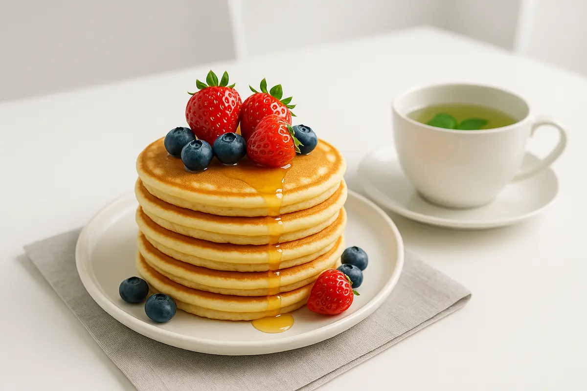 Fluffy golden pancakes topped with berries and honey on a breakfast table, inspired by the Martha Stewart Pancake Recipe.