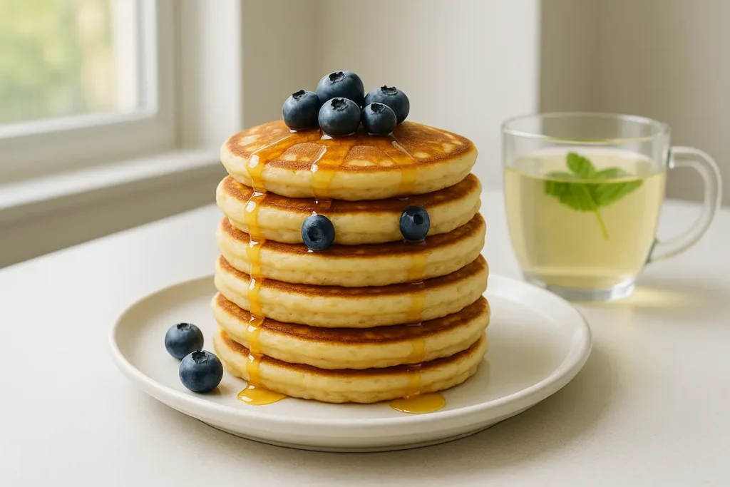 Fluffy_Pancakes_with_Honey_and_Berries Fluffy pancakes with honey and berries on a breakfast table, made from the Martha Stewart Pancake Recipe.