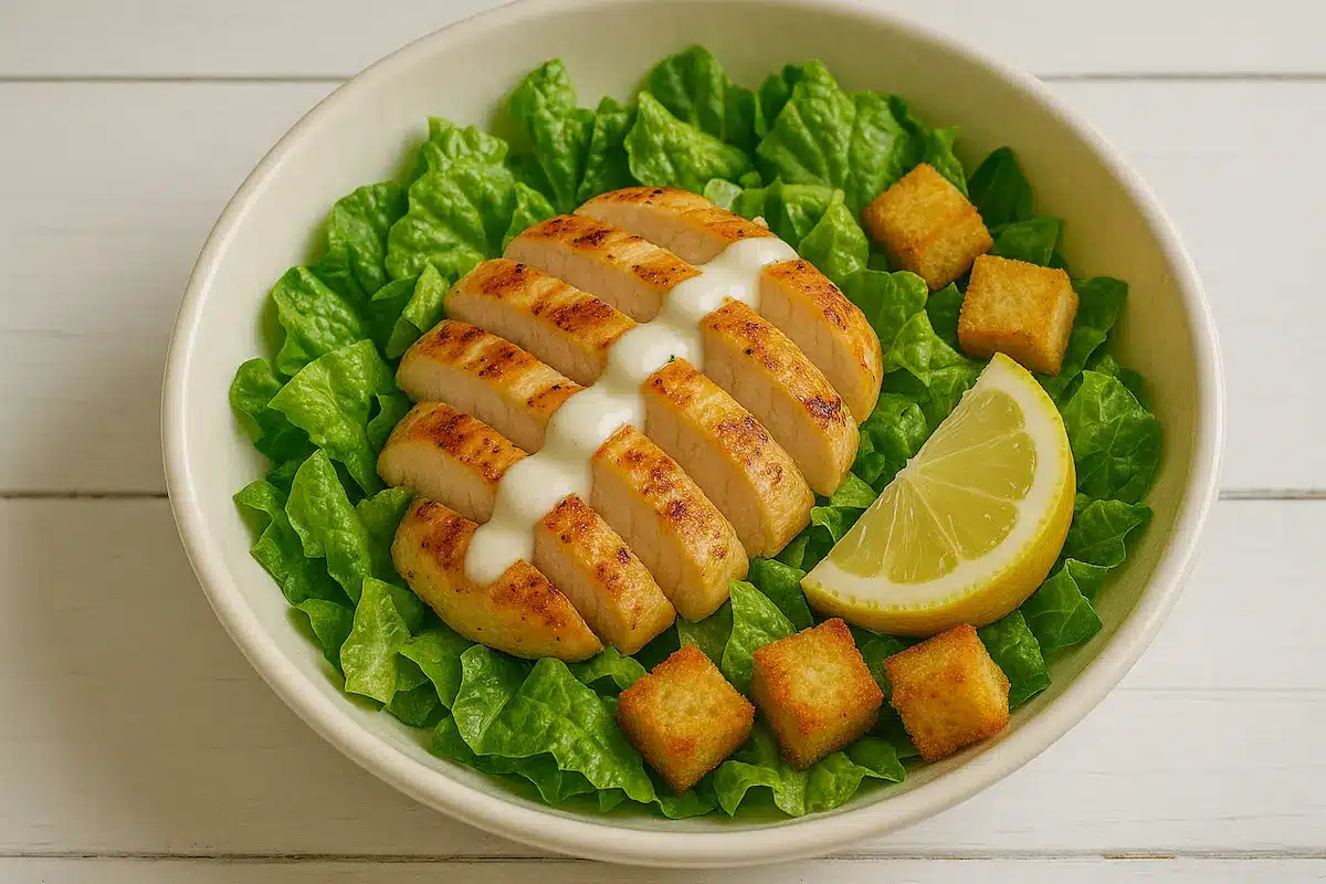 Healthy grilled chicken Caesar salad with no mayo in a white bowl.