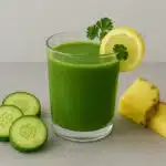 Green Brazilian Mounjaro Detox Drink served in a clear glass with lemon and parsley