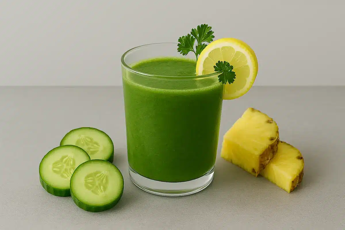 Green Brazilian Mounjaro Detox Drink served in a clear glass with lemon and parsley
