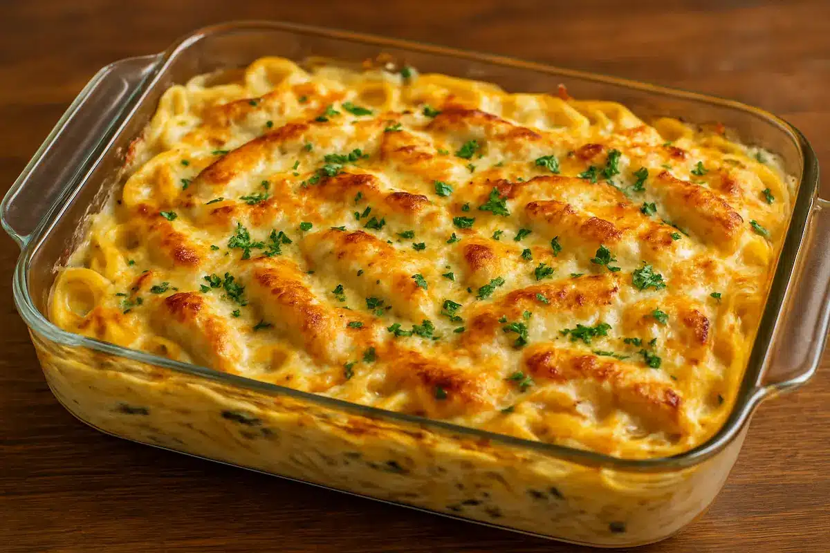 Creamy garlic chicken pasta bake with golden cheese crust served in a baking dish