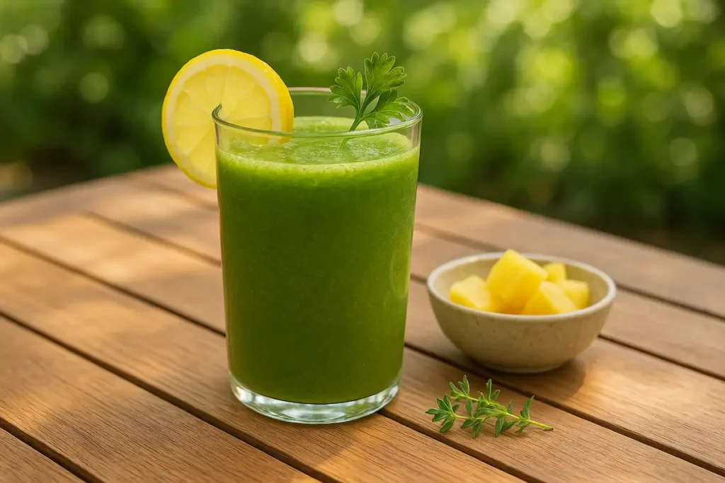 Green_Detox_Drink_in_Natural_Setting Green Brazilian Mounjaro Detox Drink outdoors in natural sunlight