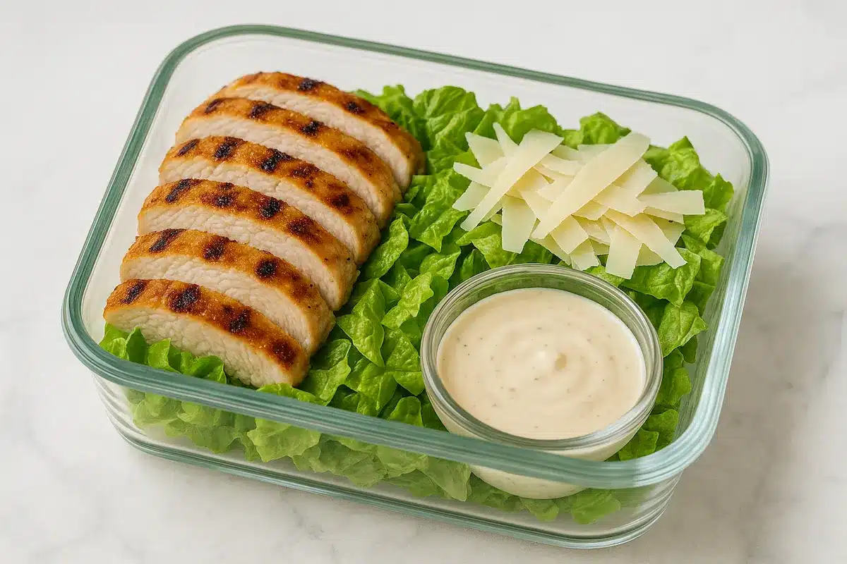 Top view of grilled chicken Caesar salad meal prep bowl in glass container with lettuce, chicken, and dressing.