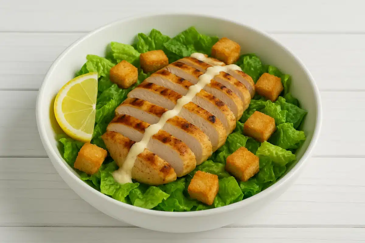Grilled chicken Caesar salad in a white bowl with lemon and homemade croutons.