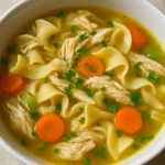 Bowl of low sodium classic chicken noodle soup with noodles, vegetables, and shredded chicken.