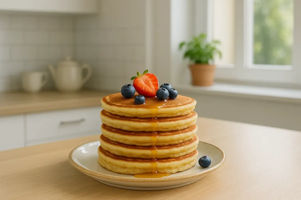 Homemade_Pancakes_in_Natural_Morning_Light Golden stack of homemade pancakes topped with fruit and honey on a rustic breakfast table, inspired by Martha Stewart Pancake Recipe
