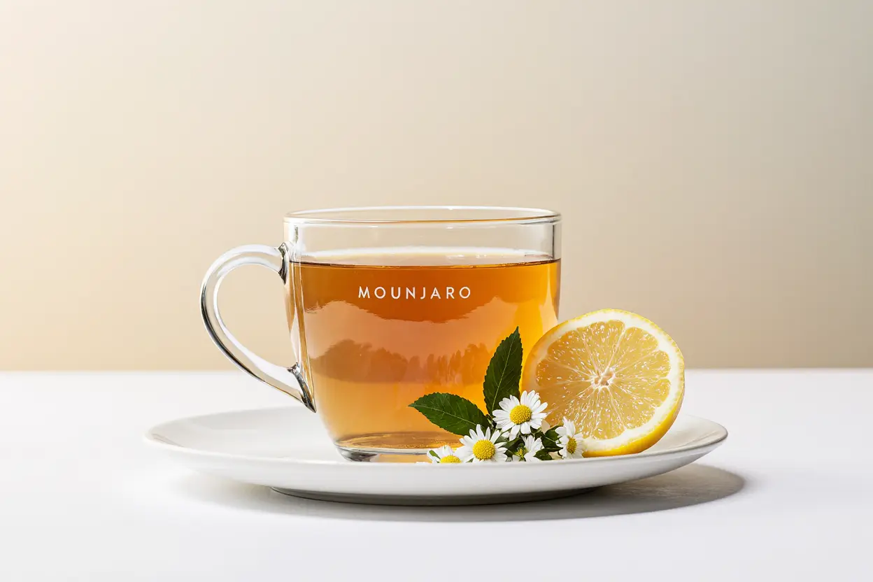 A steaming cup of Mounjaro Tea with lemon and herbs on a rustic wooden surface.