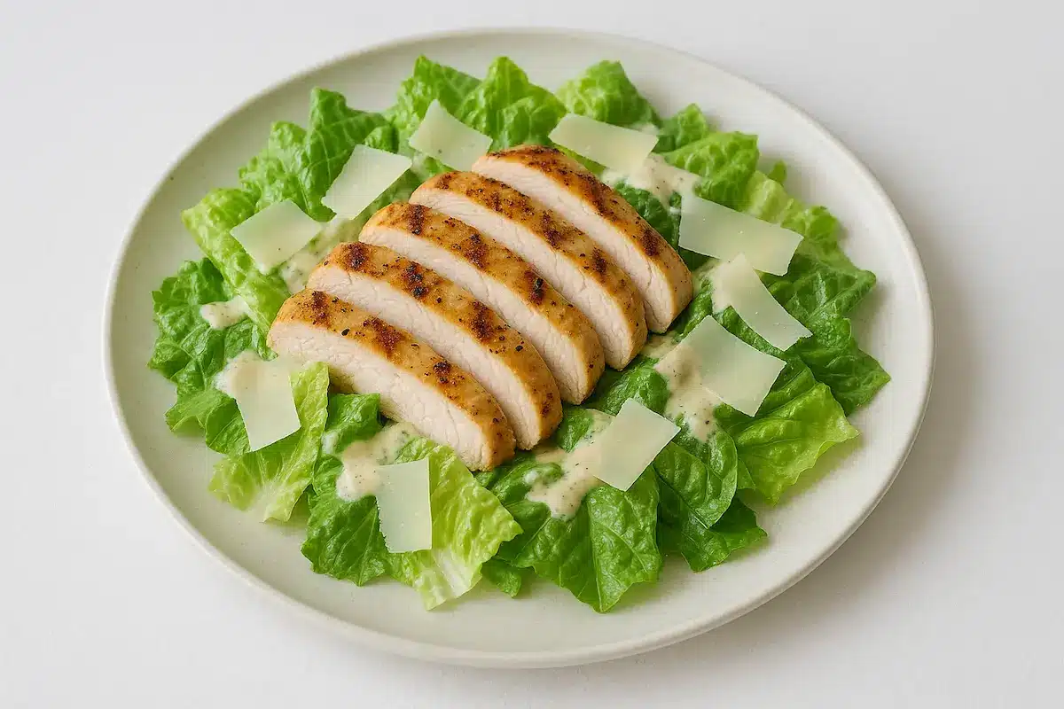 Keto grilled chicken Caesar salad with romaine, Parmesan, and creamy dressing on wooden plate.