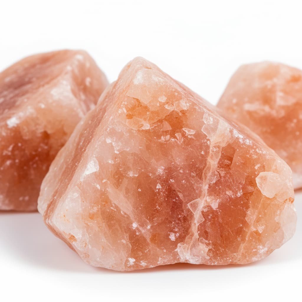Raw pink Himalayan salt chunks in natural crystalline form showing mineral veining and texture