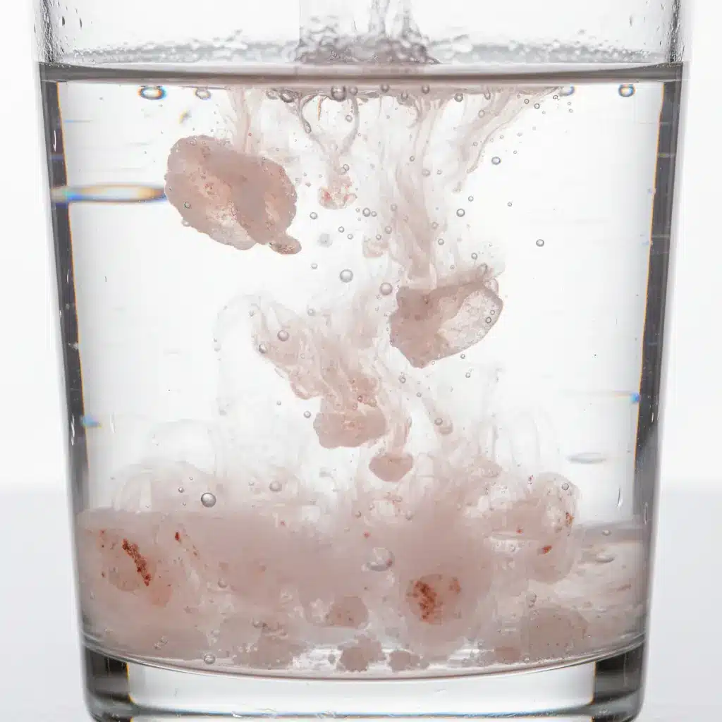 Pink Salt Dissolving Process - Recipe Preparation pink salt crystals dissolving in water glass during recipe preparation