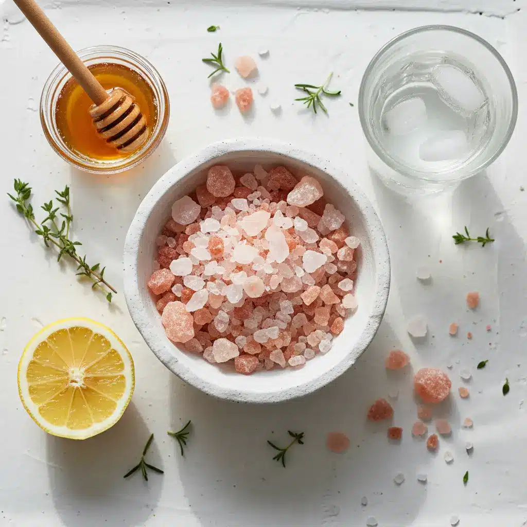 Pink Salt Recipe Ingredients pink salt recipe ingredients including salt crystals water lemon and honey on white surface