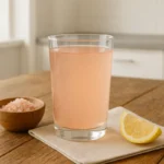 A glass of pink salt water with lemon and Himalayan salt, perfect for a morning weight loss recipe.