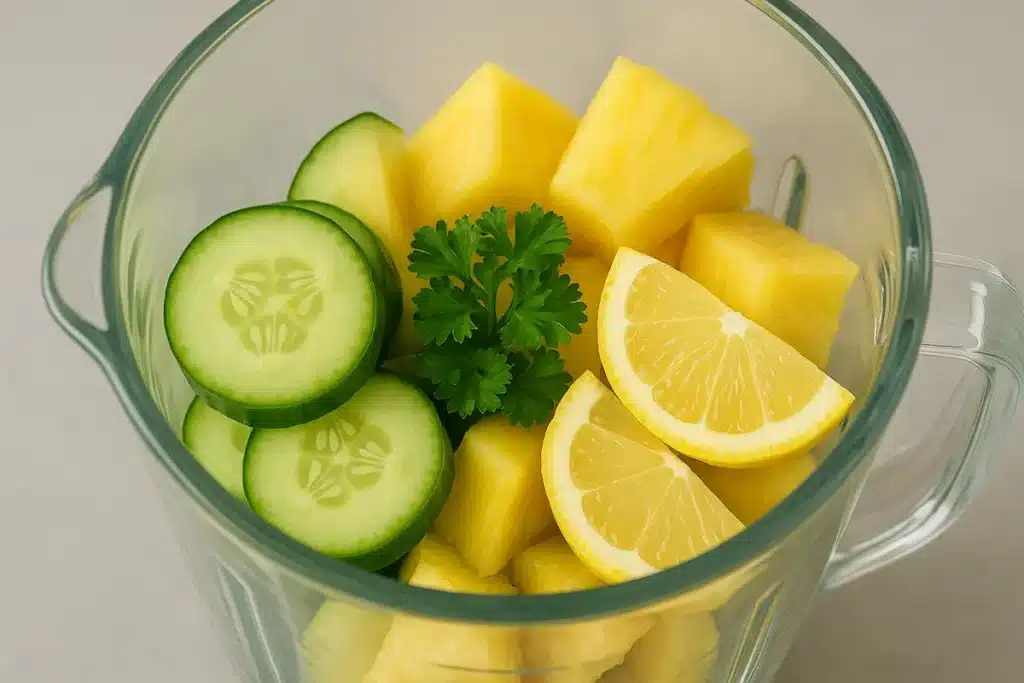 Preparing_Detox_Drink_in_Blender Blender filled with Green Brazilian Mounjaro Detox Drink ingredients