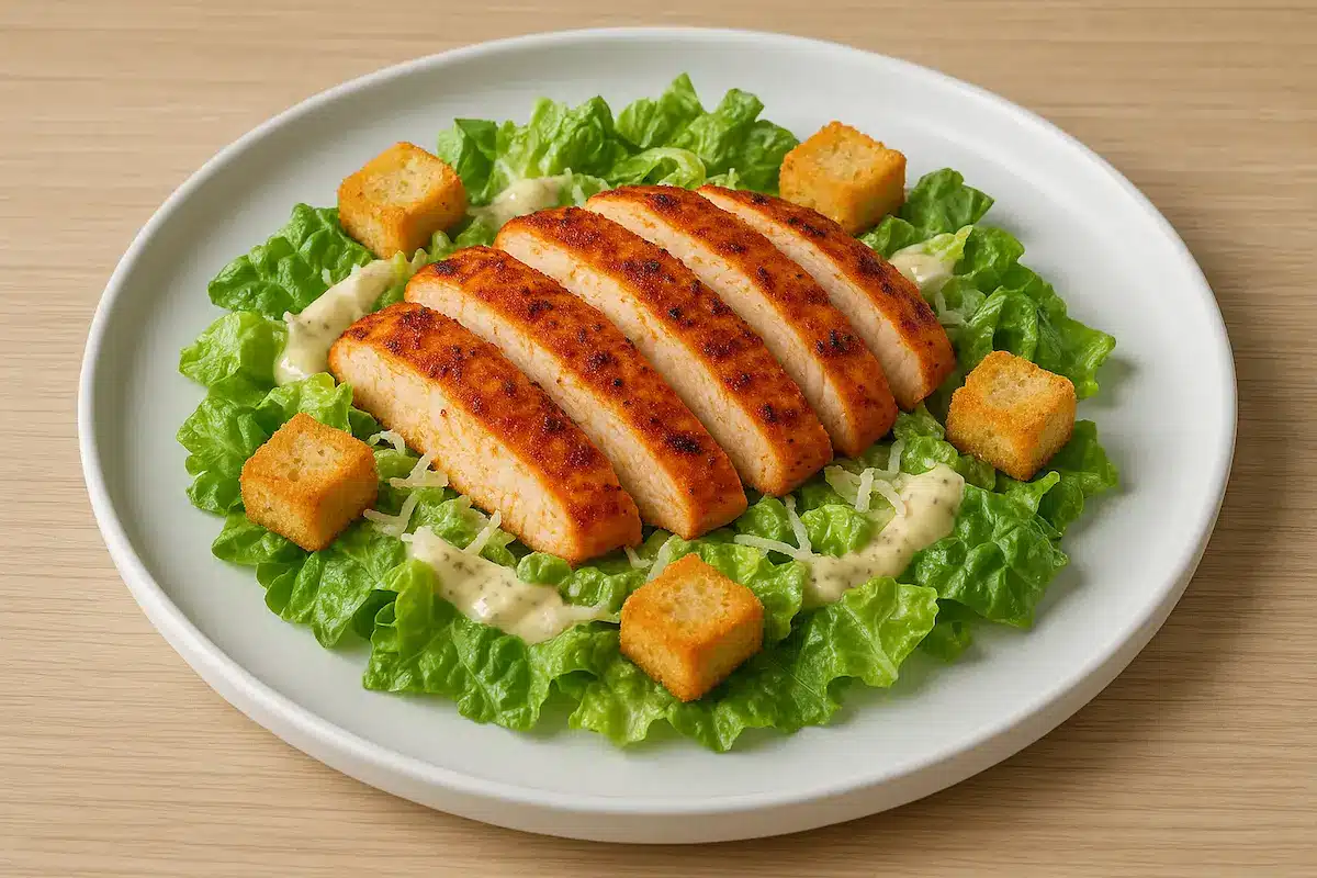 Spicy Grilled Chicken Caesar Salad in a white bowl with grilled chicken, romaine lettuce, croutons, parmesan, and creamy dressing