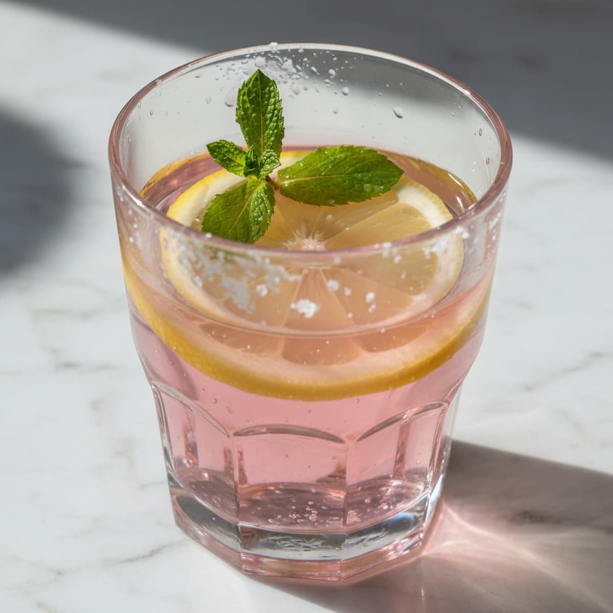 Pink salt recipe drink in clear glass with lemon wheel and mint garnish on white marble surface