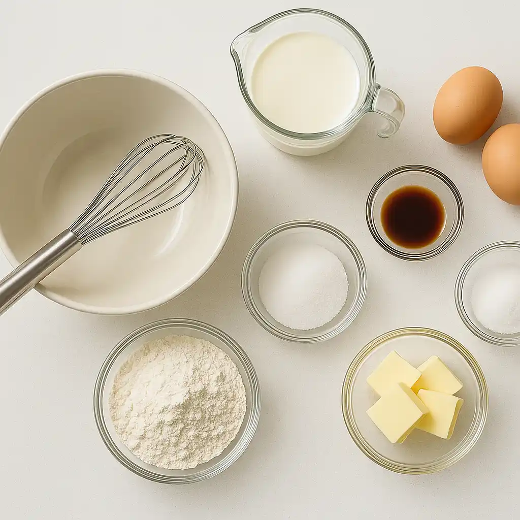 Martha_Stewart_Pancake_Recipe_Ingredients Ingredients laid out on a countertop for making the Martha Stewart Pancake Recipe from scratch.