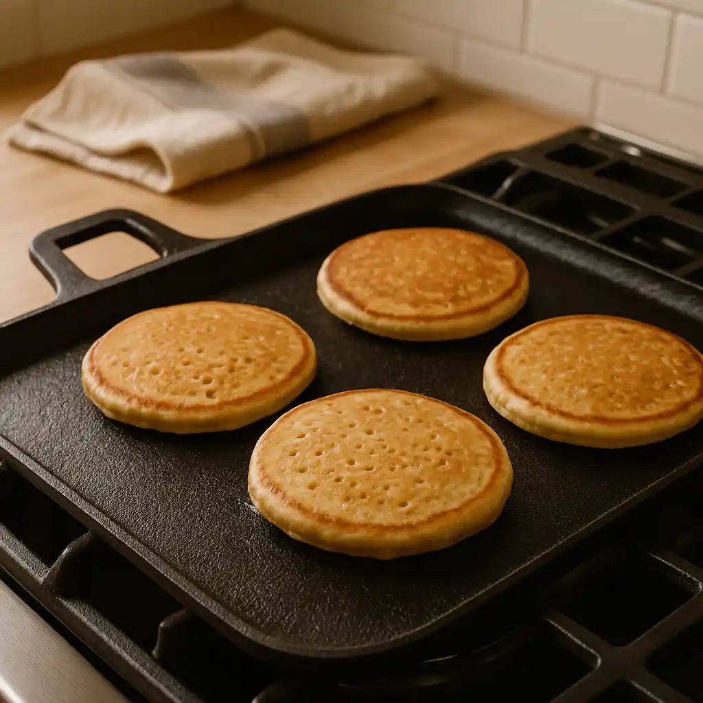 cooking_sourdough_protein_pancake sourdough protein pancakes cooking on griddle