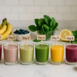 A full lineup of 7 colorful smoothies for the 7-day smoothie weight loss diet plan