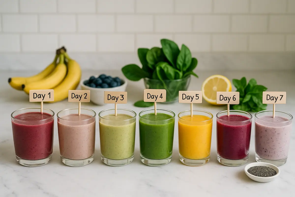 A full lineup of 7 colorful smoothies for the 7-day smoothie weight loss diet plan
