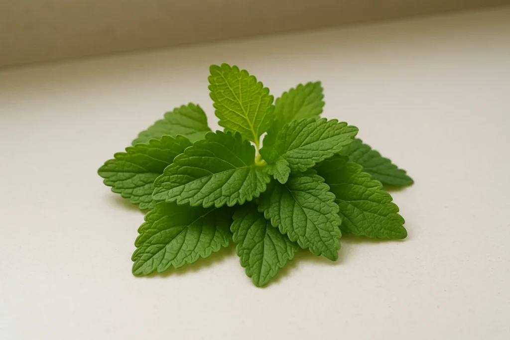 fresh_lemon_balm_leaves_on_counter Fresh lemon balm leaves on a kitchen counter for lemon balm recipe