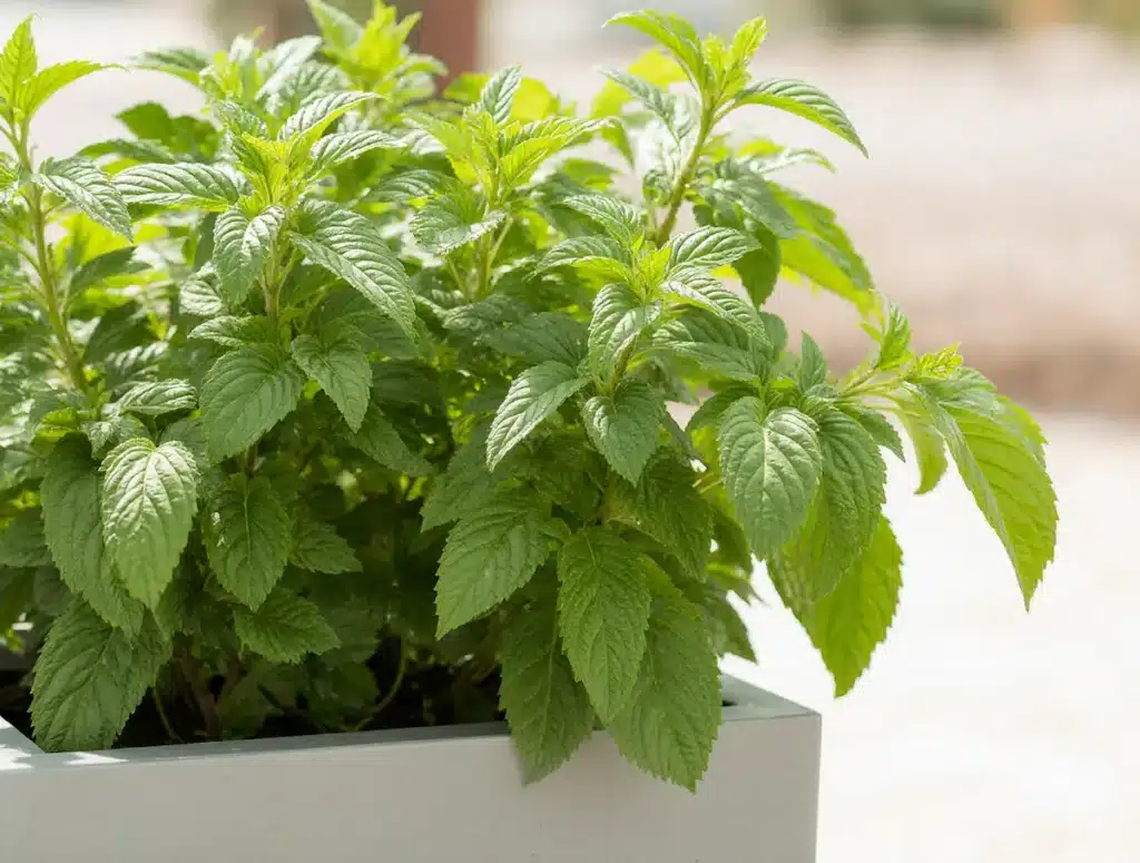 growing-lemon-balm-plant A healthy lemon balm plant growing in a pot, showing how to cultivate the herb for the recipe.