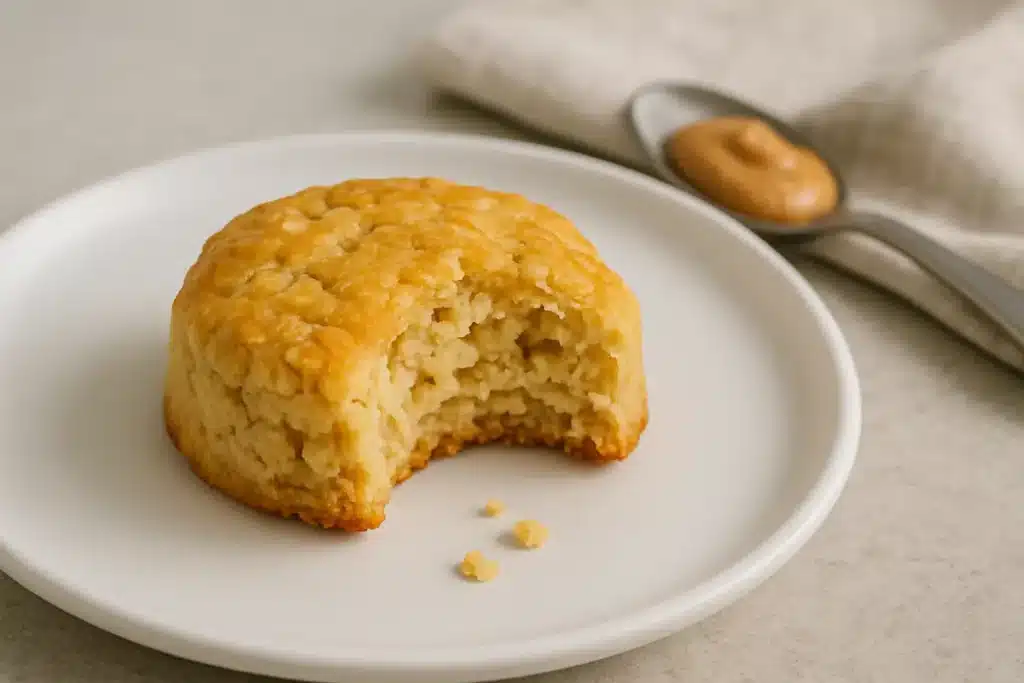 high_protein_biscuit_bite_view_texture_close_up Close-up of a bitten high protein biscuit revealing its soft oat-filled texture.