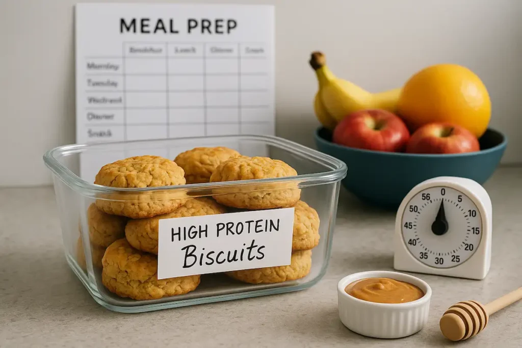 high_protein_biscuits_meal_prep_lifestyle_storage_scene Meal prep scene with high protein biscuits in storage beside fresh fruit and a handwritten label.