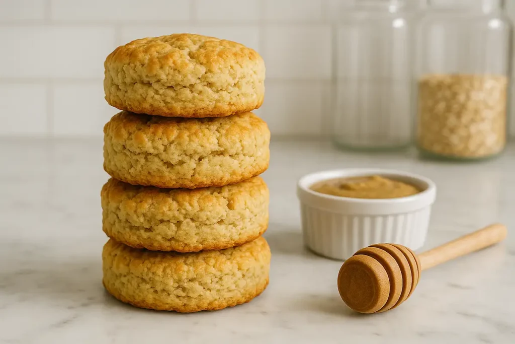 high_protein_biscuits_side_view_fluffy_texture_stack Side view of stacked high protein biscuits on a marble surface showing their fluffy texture.