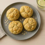 Top view of golden high protein biscuits on a ceramic plate with modern breakfast styling.