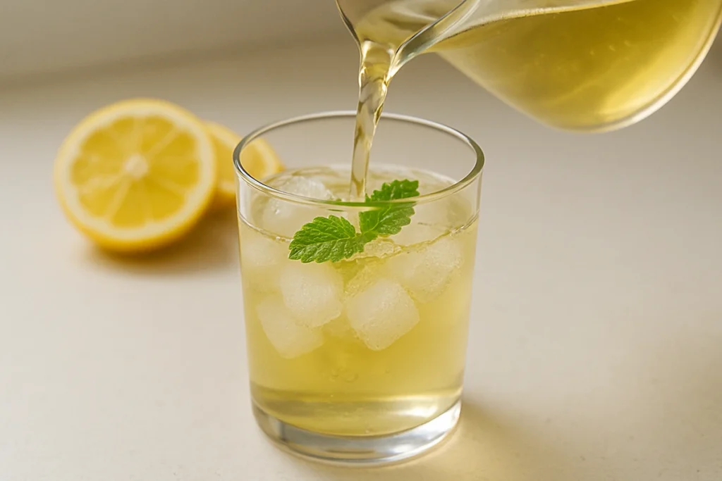 iced_lemon_balm_recipe_pour_over_ice Iced lemon balm recipe being served with lemon slices