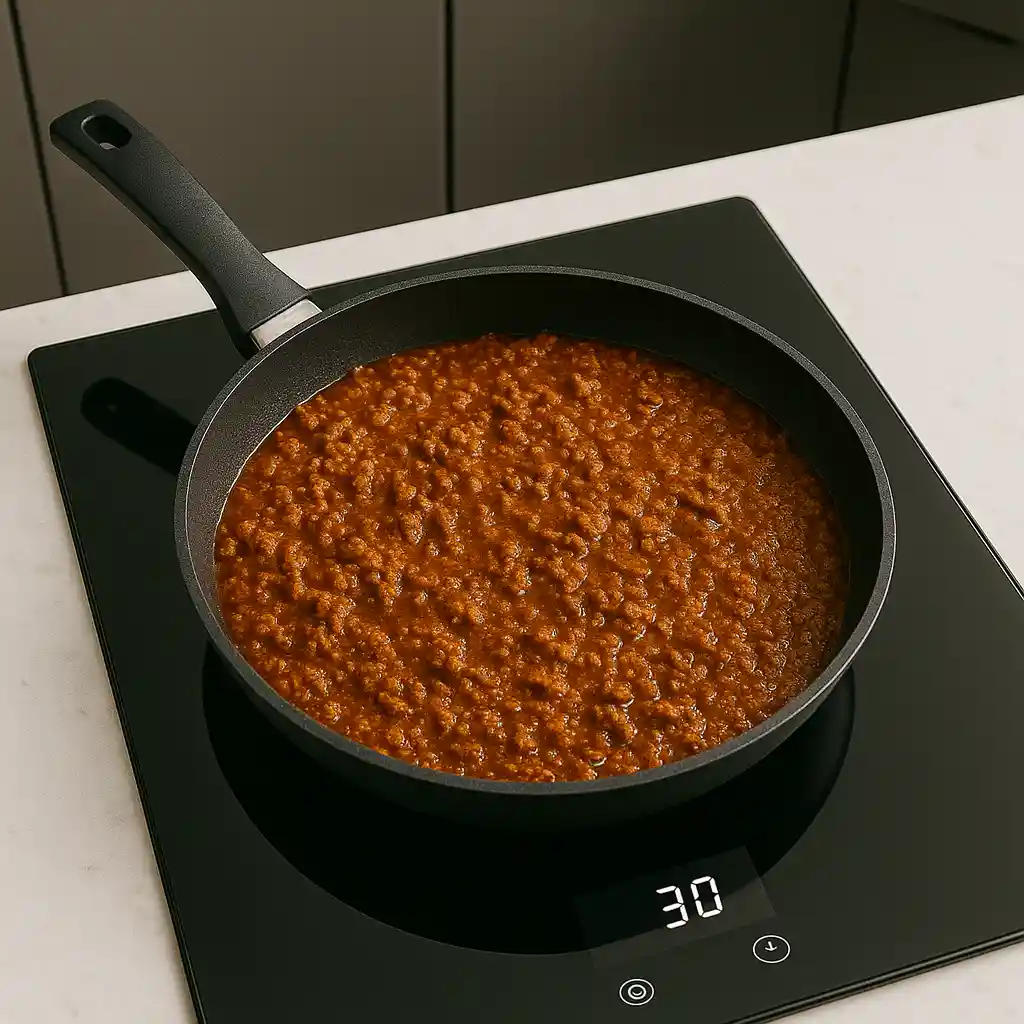 keto_hot_dog_chili_recipe_cooking_step keto hot dog chili recipe simmering on modern cooktop