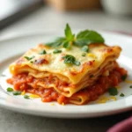 Keto Lasagna with Egg Wraps baked in modern white ceramic dish