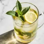 Refreshing glass of lemon balm herbal tea garnished with fresh lemon balm leaves and lemon slices