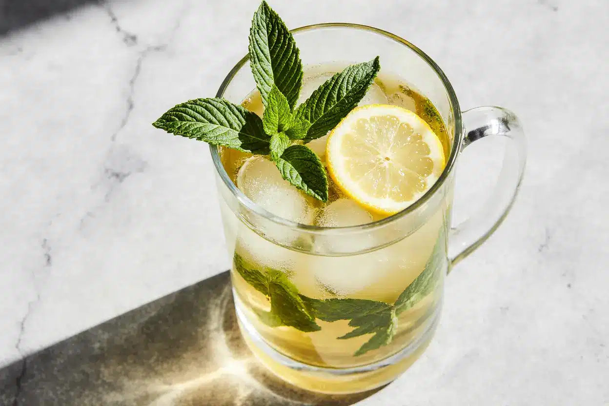 Refreshing glass of lemon balm herbal tea garnished with fresh lemon balm leaves and lemon slices