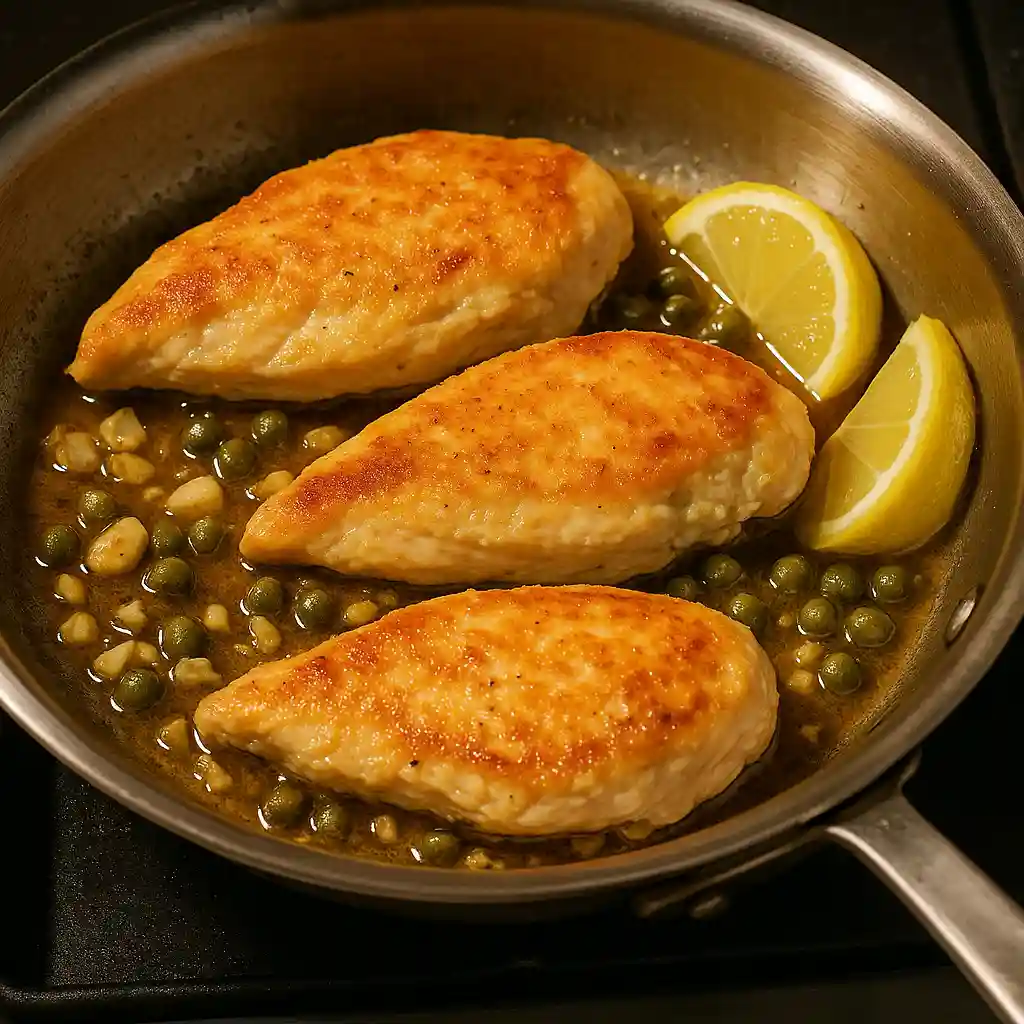 lemon_caper_chicken_piccata_cooking Chicken searing in skillet with capers and garlic for piccata