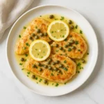 Lemon caper chicken piccata served on modern plate with lemon slices